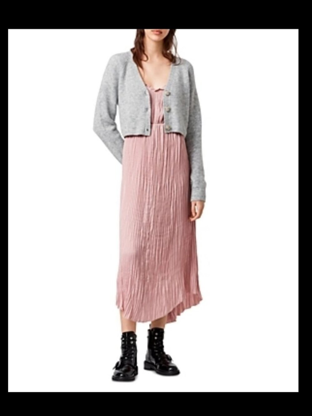 AllSaints Kaylee 2-in-1 Crinkle Midi Slip Dress Blush Pink Pleated Strappy XS